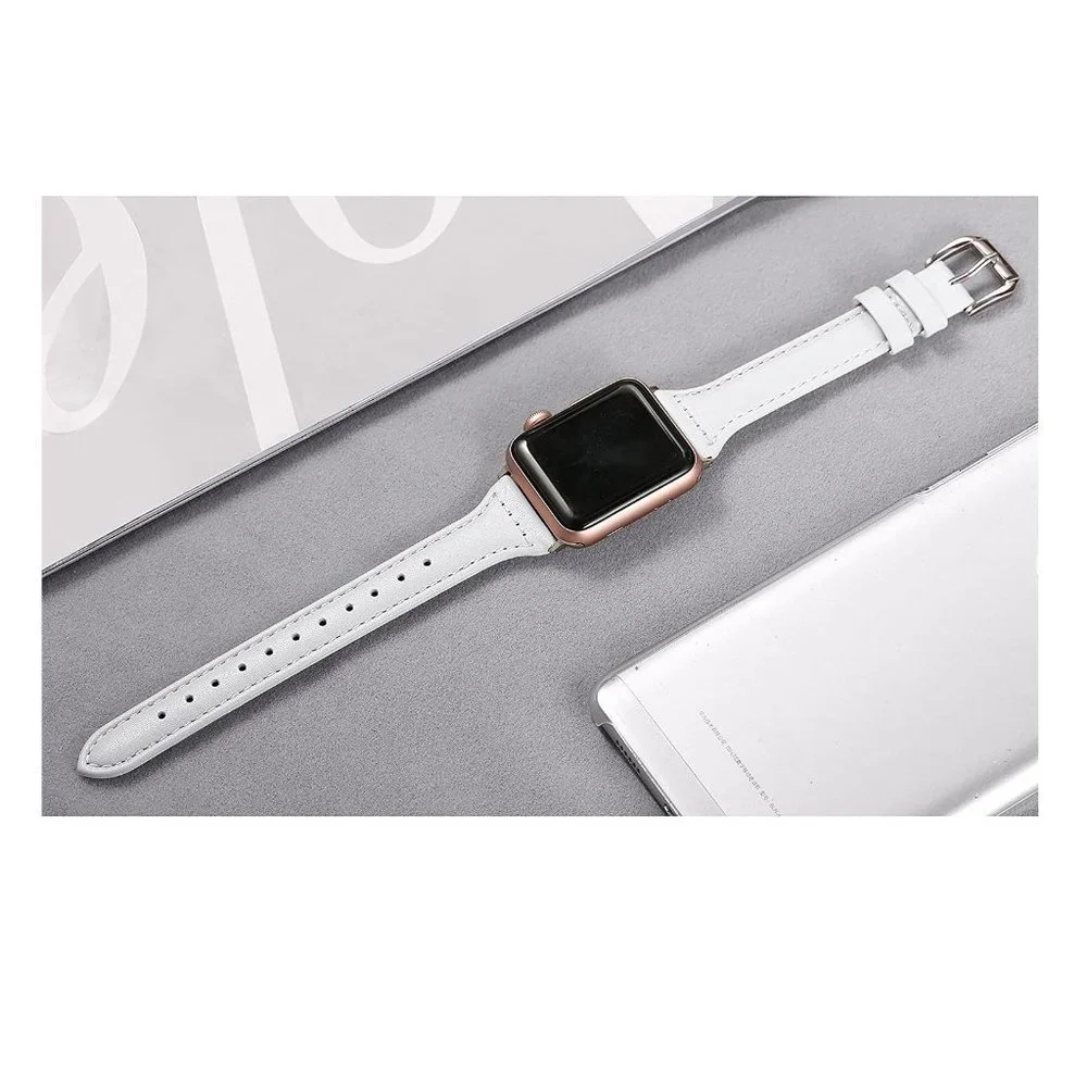 NEW[BAND] Slim White Strap Leather For Apple Watch - Picture 5 of 6